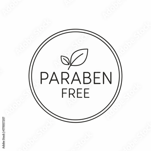 Paraben free badge on white background, indicating product safety. Paraben free label certifies cosmetic product, highlighting two leaves and simple circle frame.