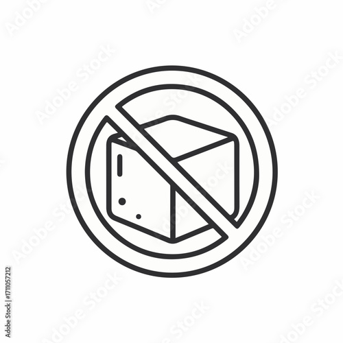 No sugar icon presents a restriction on consumption, visualized with cube shape and crossed line. No sugar, concept highlighting prohibition of sweet additives in food, diet and health.