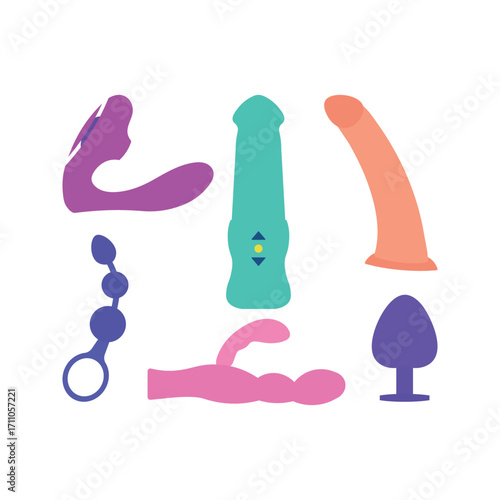 Assorted colorful adult toys arranged on white sex toys vibrator