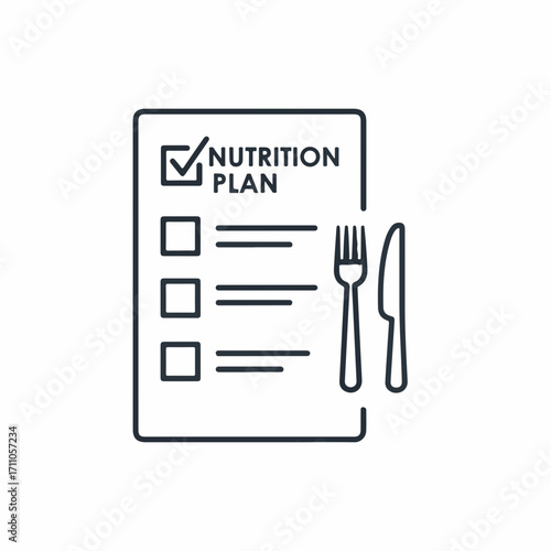 Nutrition plan graphic outline presents diet checklist with fork and knife. Diet nutrition plan helps with healthy eating, displaying a meal preparation and schedule.