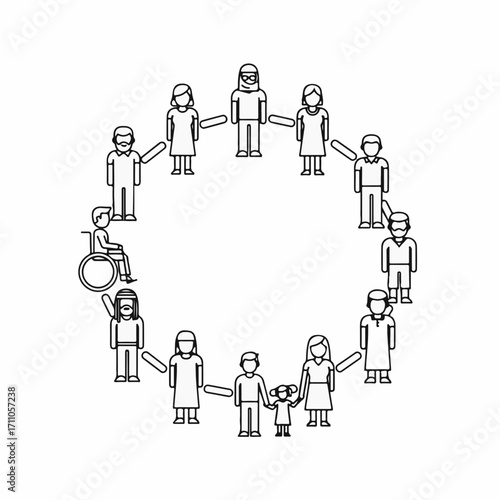 Diverse community holding hands illustrated with people of different ages, disabilities, and origins depicts inclusive connection. Diverse community is essential for progress in society.