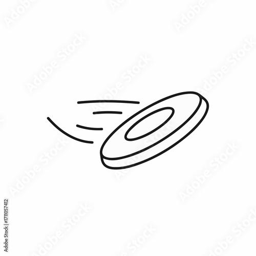 Flying disc is an illustration of recreational activity with smooth, simple lines. Flying disc is drawn with motion, suggesting agility and fun, for sports or summer play.