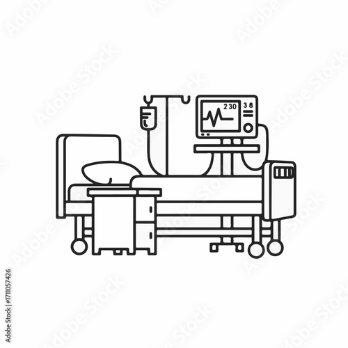 Hospital bed outline with bedside table showing vital signs monitoring screen in simple black and white. Hospital bed next to a stand holding an IV drip and heart rate display,