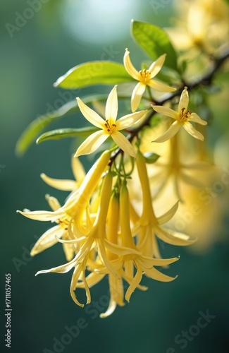 Wallpaper Mural Close-up of delicate yellow flowers with star-shaped petals. These blooming plants hang in clusters, showing their natural beauty. Their vibrant color suggests tropical or exotic origins. Torontodigital.ca