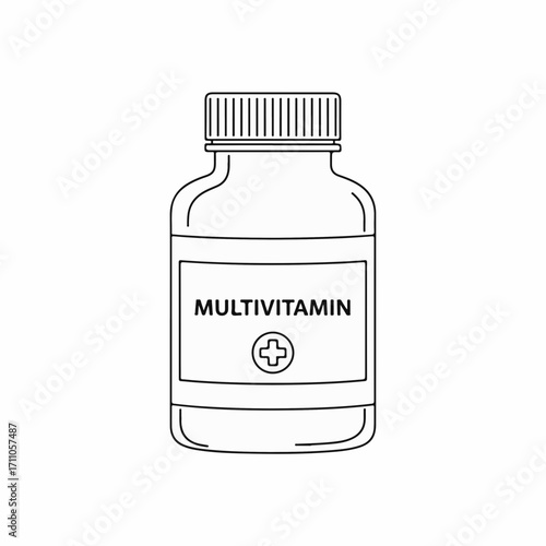 Multivitamin bottle illustration in outline style against white background. Multivitamin supplements in bottle for health. Multivitamin, ideal for promoting health and wellness.