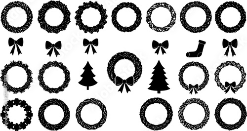 Christmas wreath silhouette vector, wreath black icon design, christmas wreath frame or border vector silhouette
