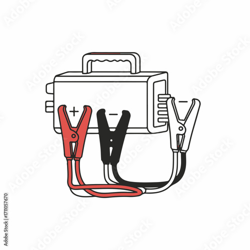 Jump starter displayed with red and black clamps connected for power, jump starter device is suitable for automotive maintenance. Jump starter is portable power source for emergencies.