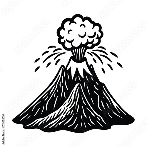 Volcanic Eruption Illustration: A stylized black and white illustration showcasing a powerful volcanic eruption, capturing the raw energy and natural spectacle of the earth's geological forces.