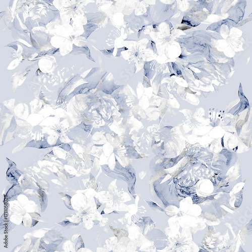 Seamless watercolor pattern with delicate peonies in monochrome blue shades. High quality illustration
