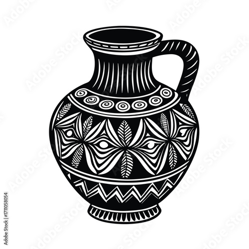 Artistic Vessel: A classic black and white illustration of an ornate pottery vessel, exuding an air of ancient craftsmanship and artistic value.