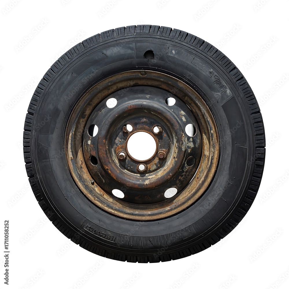 Obraz premium A rusty, vintage-style tire and wheel assembly, displayed against a plain white background, showcasing the aged, weathered appearance of the metal rim.
