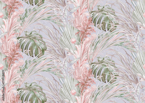 Seamless botanical pattern jungle with watercolor leaf silhouettes for textile