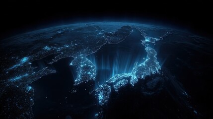 Asia at Night from Space, Illuminated Cities, Technology and Global Connectivity, Modern Futuristic Dark Background