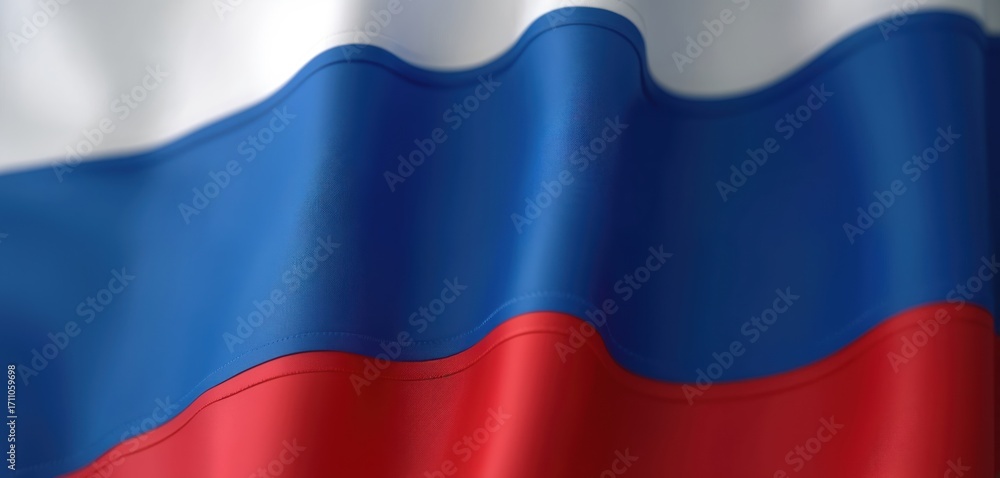 Naklejka premium Russian national flag waving in the wind. Close-up view of tricolor flag with white, blue, and red stripes. Fabric ripples and folds, textured surface, national symbol of Russia.
