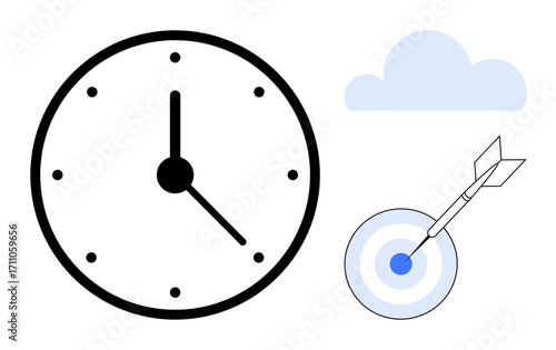 Large clock, target with dart at center, and cloud element emphasizing productivity, objectives, focus, planning, success, strategy and efficiency. Ideal for time management goal tracking