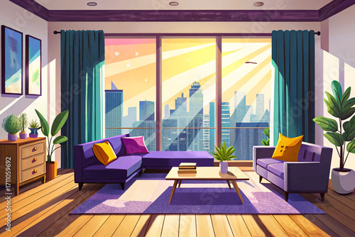 contemporary apartment living room vector scene with wide glass windows framing a panoramic city skyline, natural sunlight brightening the wooden flooring, and soft beige curtain