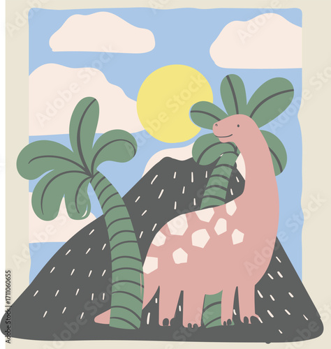 illustration of a tropical island, Hand drawn dinosaurs, tropical tree and mountain, Cute dino design elements. Vector illustration. Baby Dino on vacation mood