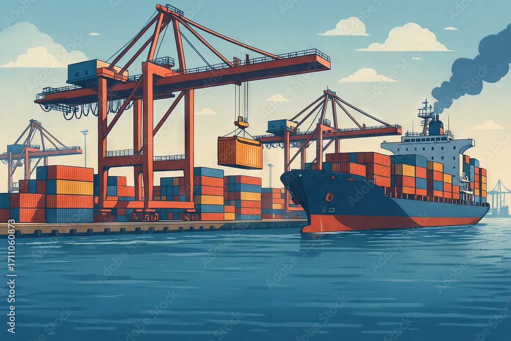 Naklejka premium Global shipping dynamics with cargo ship and containers at dockyard in colorful illustration concept of trade, logistics, and maritime transport