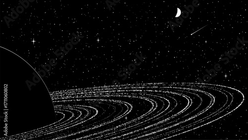 Planet with rings and star field in digital artwork. Space vector background for galaxy exploration and cosmic science.