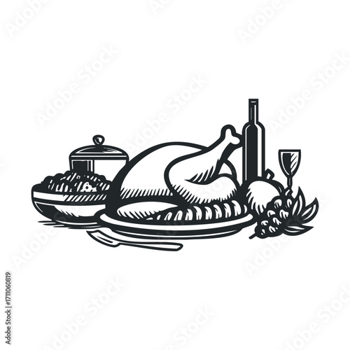 Festive gathering featuring roasted turkey and delicious sides. Vector hand drawn illustration


