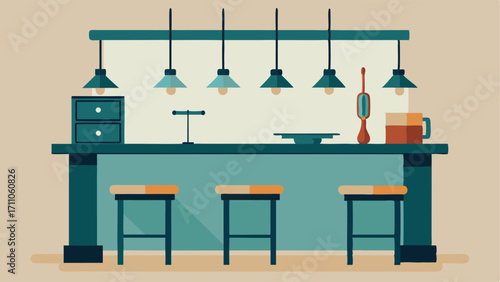 A metal workbench repurposed into a kitchen island with vintage stools lined up on one side and hanging pendant lights above.