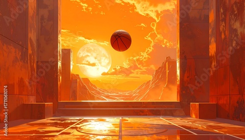 A dramatic, orange-toned vista of a futuristic arena, showcasing a basketball soaring in the golden light of an otherworldly sunset.