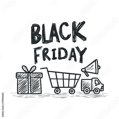 Black Friday shopping sale concept with cart, gift, and truck. Vector hand drawn illustration

