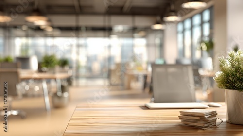 Wallpaper Mural Modern Open Office Space with Wooden Desk and Blurred Background, Designed for Co working and Collaboration Torontodigital.ca