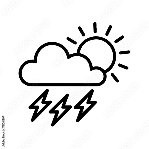 Iconic weather forecast symbol showing sun, cloud, and lightning bolts for weather apps and websites, perfect for meteorology or climate change awareness