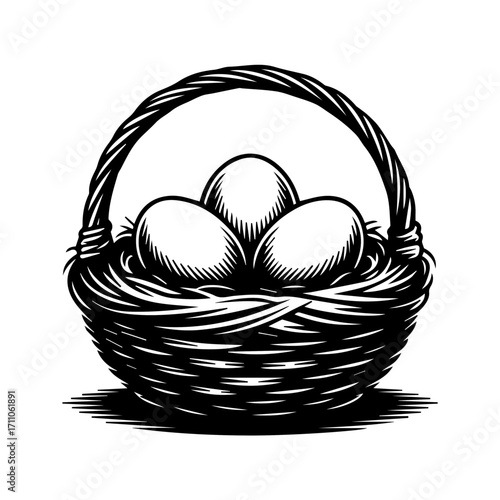 Charming rustic illustration of a basket full of fresh eggs, perfect for vintage designs, farm themes, or Easter promotions, originally vector graphics