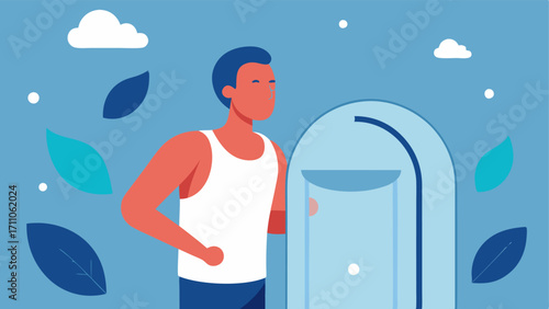 Breathing Exercise An illustration of an athlete practicing breathing exercises while waiting for the hyperbaric chamber to pressurize with calming visuals like leaves or soft