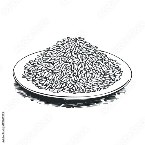 Rice on a plate for culinary preparation and cooking. Vector hand drawn illustration

