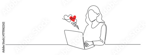 Woman with laptop computer in one continuous line drawing. Female user with dating app and heart in simple linear style. Searching love concept in Editable stroke. Oneline vector illustration.