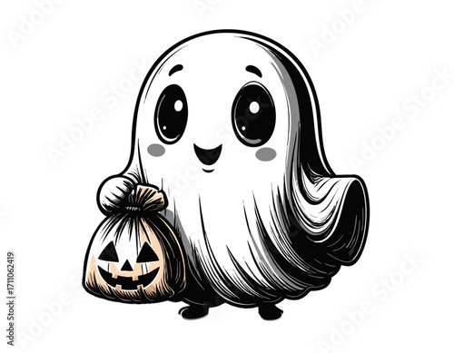 halloween ghost with pumpkin bag for candy, cute cartoon face, svg artwork