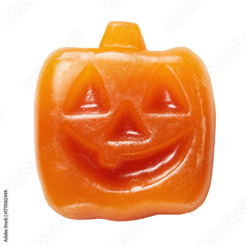 Halloween candy in the shape of a smiling pumpkin for festive fun, isolated on transparent cutout background