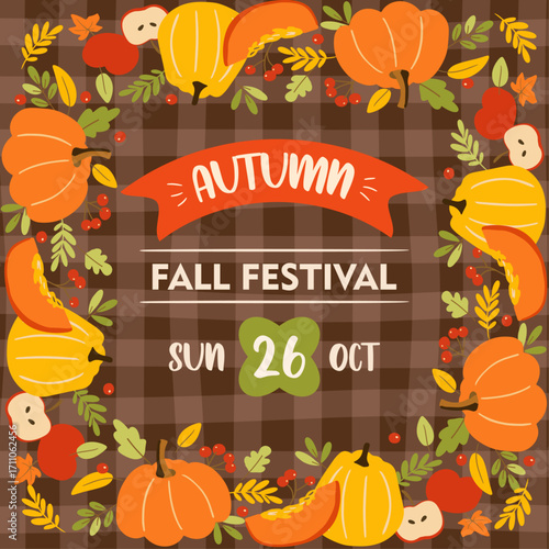 autumn fall fest square invitation card, autumn event background with hand drawn pumpkins, berries, leaves, banner, poster, creative vector illustration