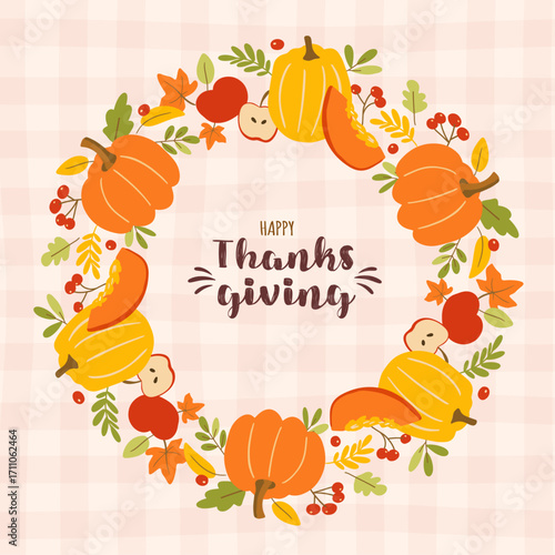 thanksgiving wreath of leaves and pumpkins, harvest, decoration, creative hand drawn vector illustration