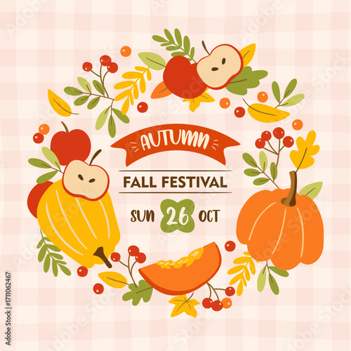 autumn fest  square poster, flyer, banner, card, ads, wreath of  leaves, harvest, checkered background, creative hand drawn  vector illustration