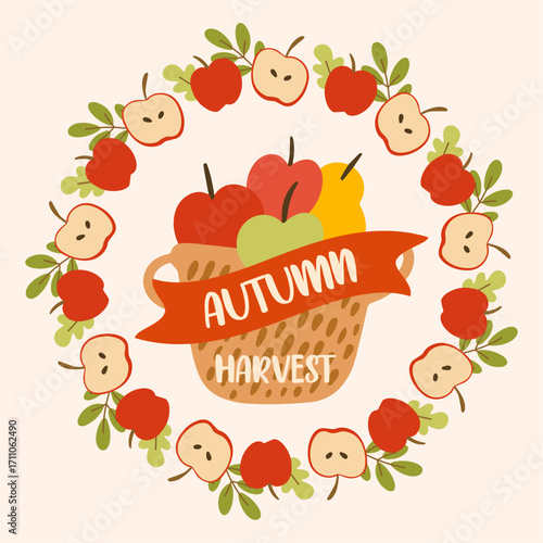 autumn  wreath of apples, harvest, leaves, fall,  autumn event, hand drawn modern vector illustration