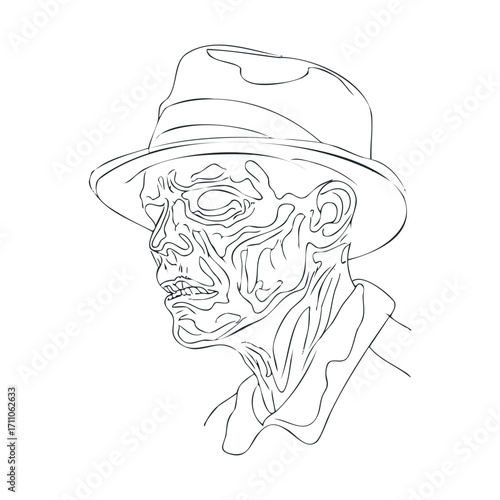 Creepy character design with a hat and eerie facial features