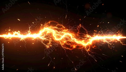 A vibrant depiction of energy discharge with a brilliant, luminous electric arc against a black background, radiating intensity