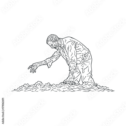 Zombie rising from the ground in a spooky Halloween scene. Vector hand drawn illustration

