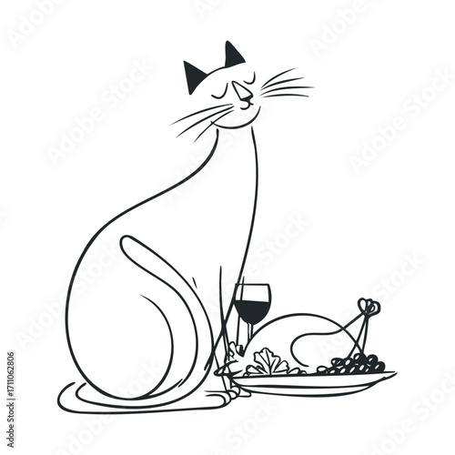 Whimsical cat enjoying gourmet meal with wine and grapes