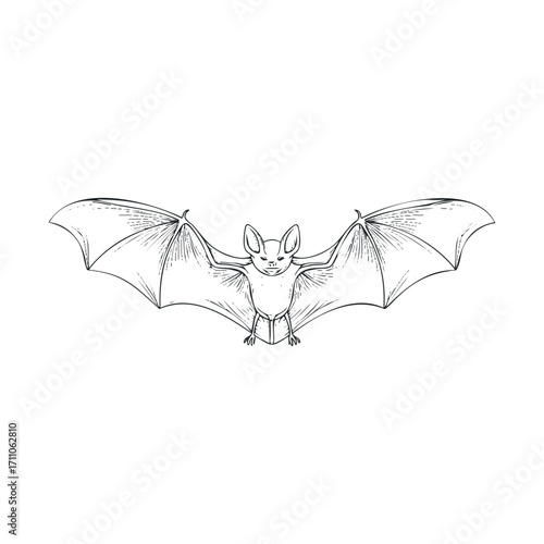 Detailed sketch of a flying bat with spread wings for design purposes. Vector hand drawn illustration

