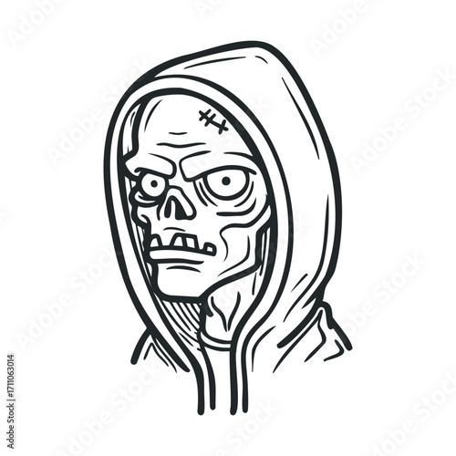 A chilling zombie character is depicted wearing a hooded jacket. Vector hand drawn illustration

