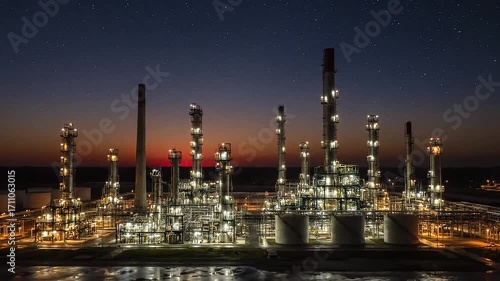 A sprawling petrochemical oil refinery complex illuminated at night showing industrial petroleum gas and energy production technology and modern engineering