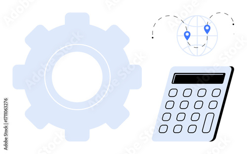 Gear and calculator complement globe with location pins, representing logistics, optimization, and analytics. Ideal for technology, efficiency, economics, supply chain, planning global management