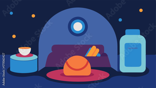 Comfort Items A scene inside the chamber featuring comfort items like a blanket pillow and a relaxation eye mask enhancing the soothing experience.