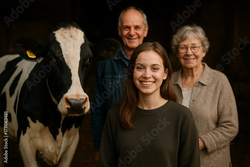 A smiling young woman with her grandparents and a Holstein cow in a rustic barn setting, symbolizing family farming and countryside lifestyle.