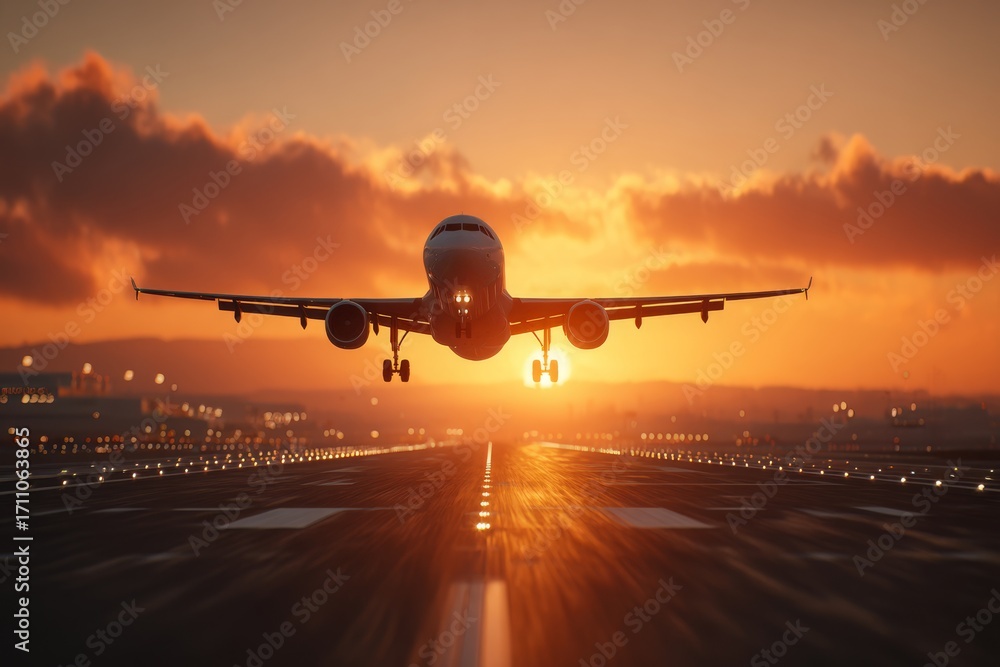 Fototapeta premium Commercial airplane landing at sunset on airport runway, beautiful golden hour light with airplane in flight and runway lights shimmering in the distance, travel destination.